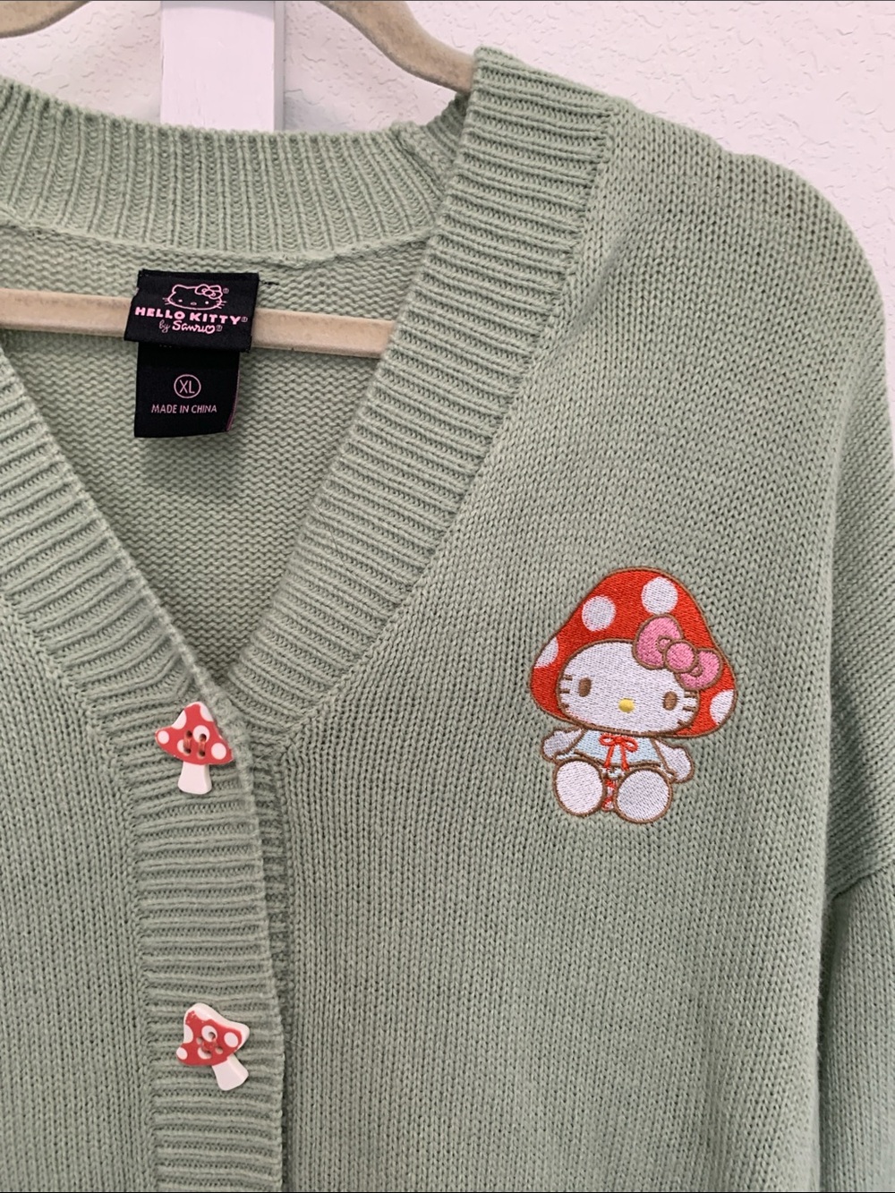 Sanrio Hello Kitty Mushroom Patch Sage V-Neck Cardigan Sweater - Picture 3 of 8